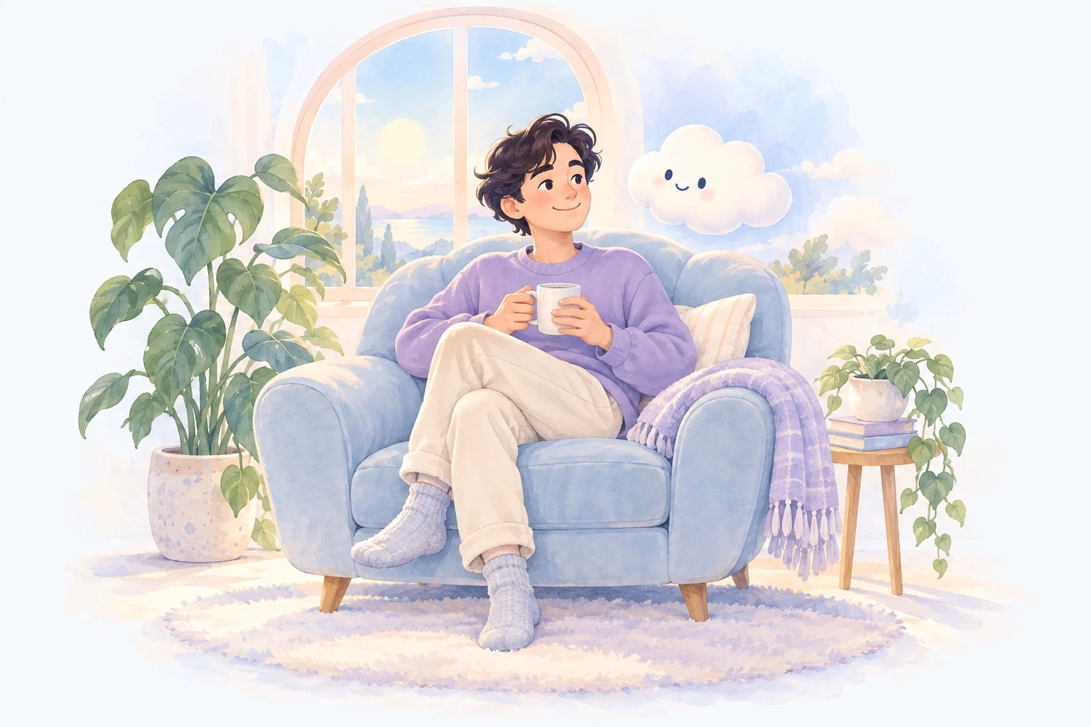 A friendly illustrated character taking a quiet break